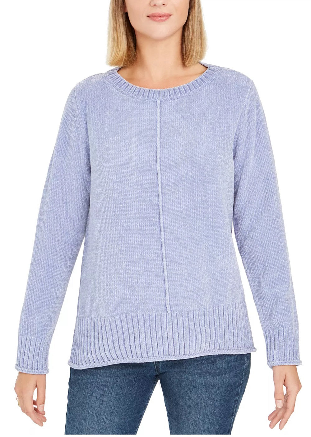 Blusa feminina texturizada mesclada manga comprida gola redonda azul tamanho grande