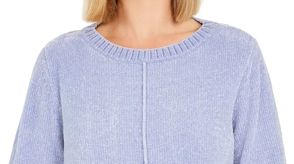 Blusa feminina texturizada mesclada manga comprida gola redonda azul tamanho grande