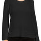 Camiseta feminina de malha texturizada com estampa de manga comprida e gola redonda, preta, tamanho pequeno e pequeno