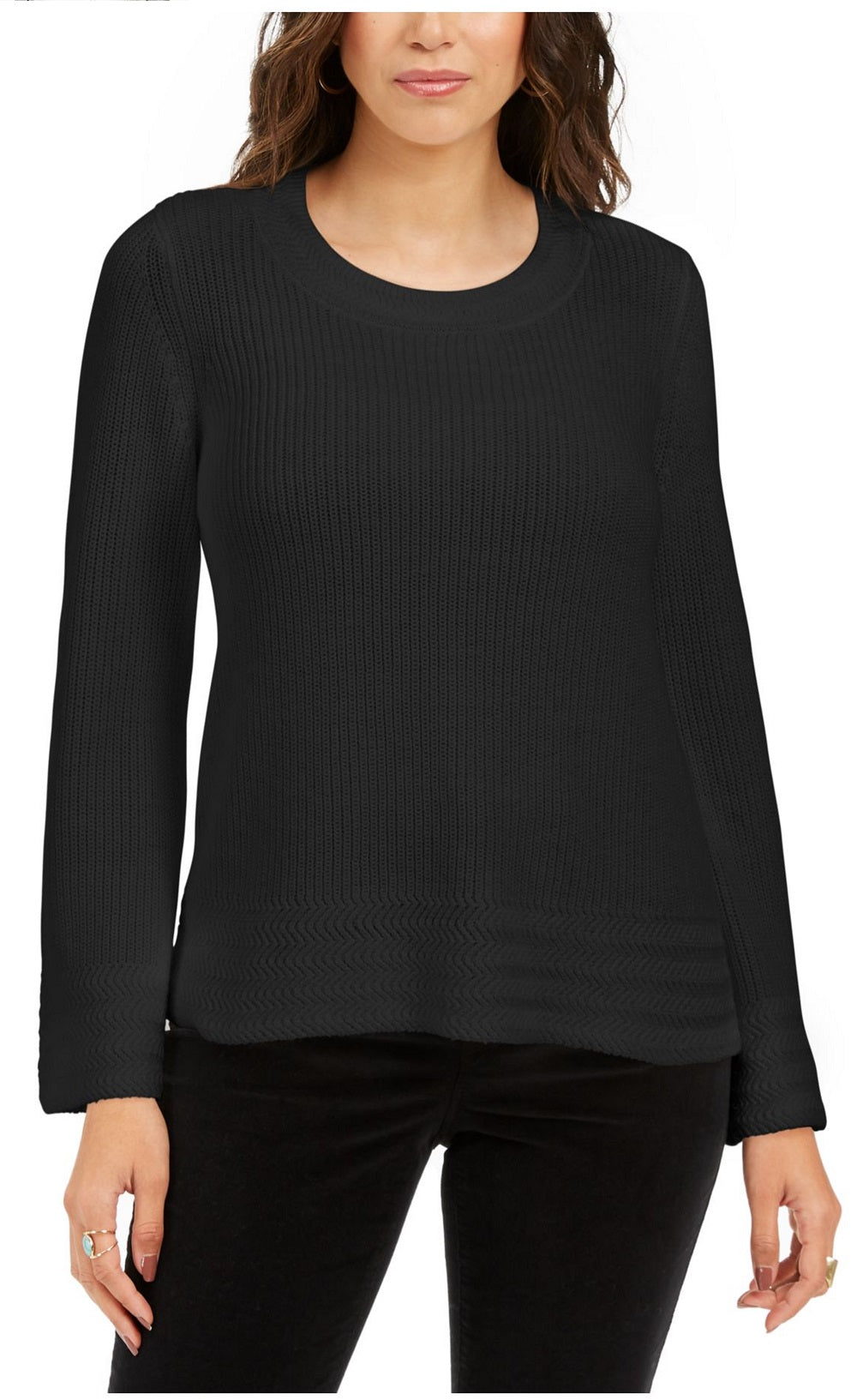 Camiseta feminina de malha texturizada com estampa de manga comprida e gola redonda, preta, tamanho pequeno e pequeno