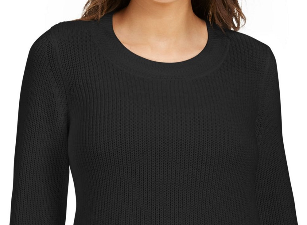 Camiseta feminina de malha texturizada com estampa de manga comprida e gola redonda, preta, tamanho pequeno e pequeno