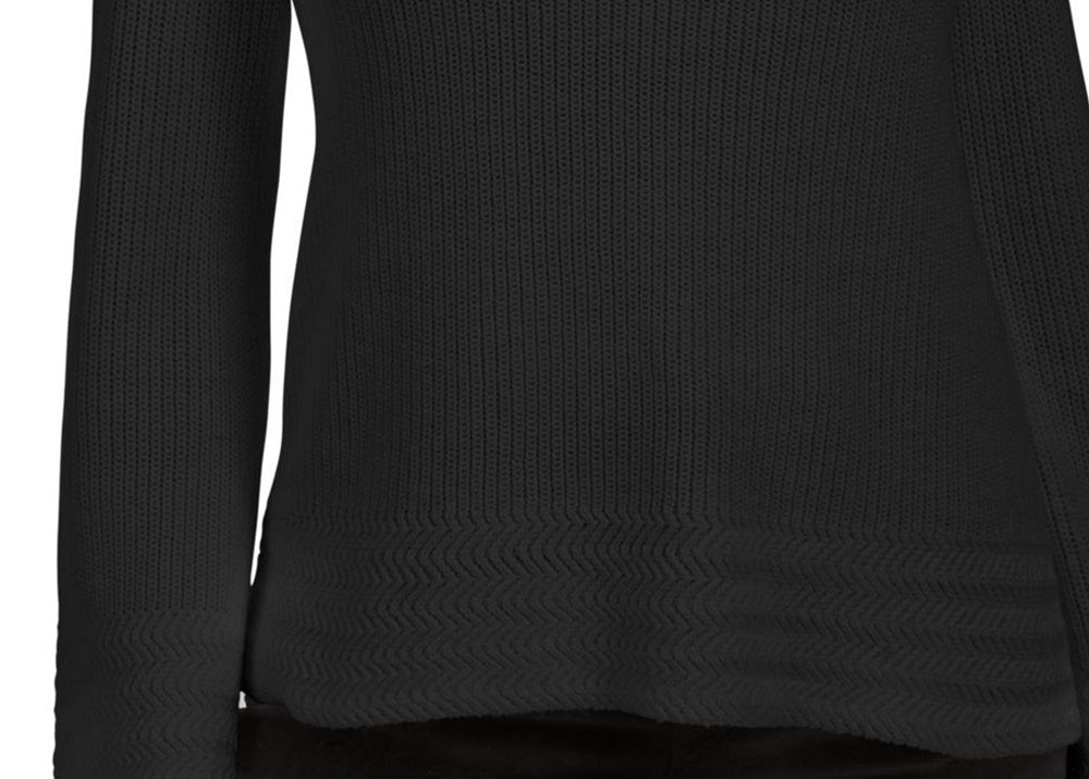 Camiseta feminina de malha texturizada com estampa de manga comprida e gola redonda, preta, tamanho pequeno e pequeno