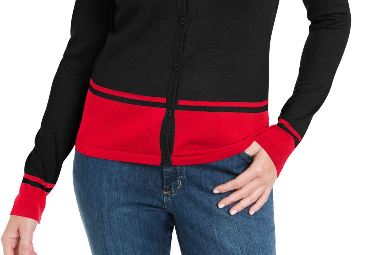 Karen Scott Cardigan Feminino com Botões e Blocos de Cor, Manga Longa, Aberto, Preto, Tamanho Pequeno