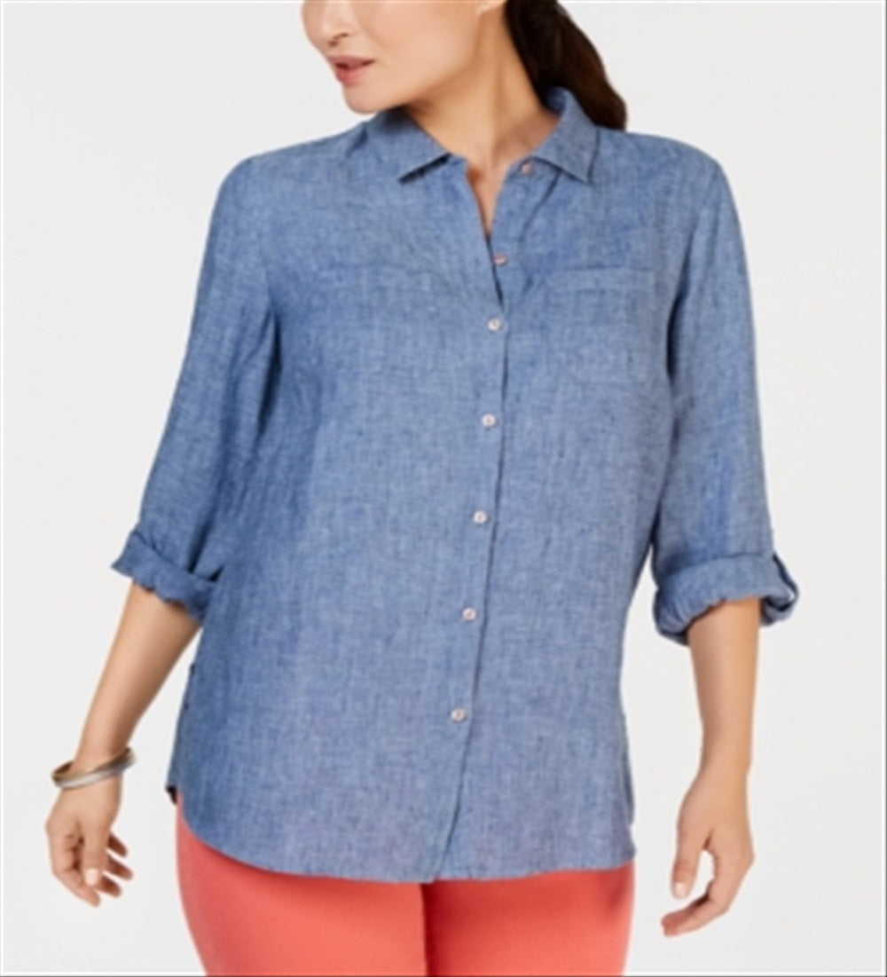 Camisa de linho feminina Charter Club azul tamanho X-G