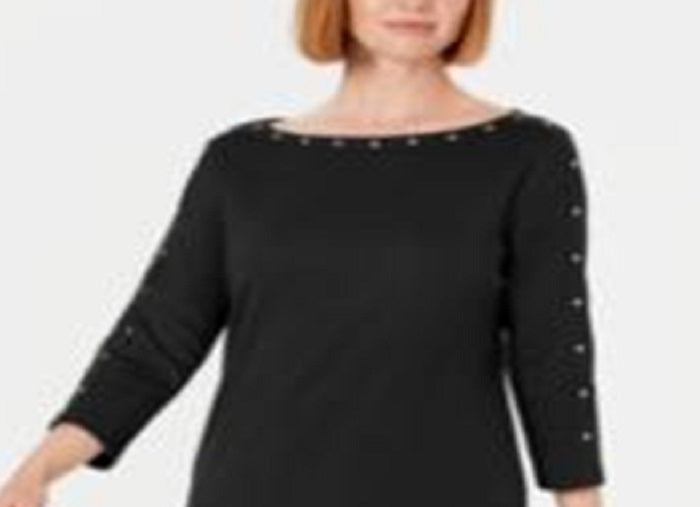 Vestido feminino Karen Scott com decote canoa e tachas, preto, tamanho pequeno e pequeno