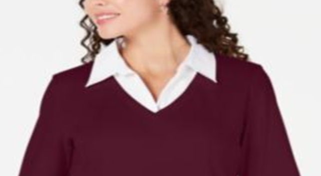 Karen Scott Blusa de algodão com aparência em camadas feminina, vermelha, tamanho pequeno GG