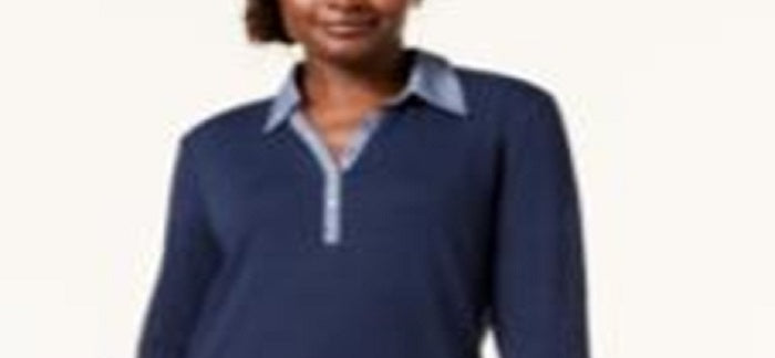 Vestido-camisa de algodão com acabamento contrastante Karen Scott feminino, azul, tamanho pequeno e pequeno