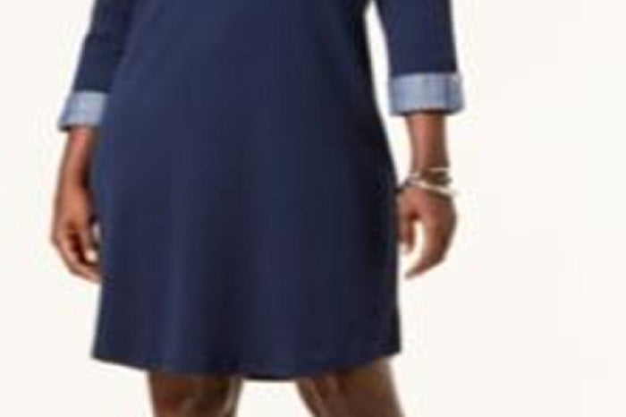 Vestido-camisa de algodão com acabamento contrastante Karen Scott feminino, azul, tamanho pequeno e pequeno