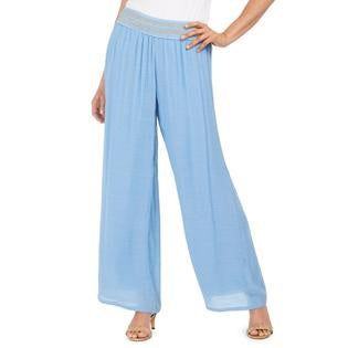 Calça feminina de gaze com detalhe metálico e perna larga, azul, tamanho 2XL