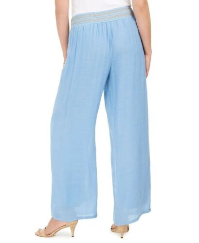 Calça feminina de gaze com detalhe metálico e perna larga, azul, tamanho 2XL