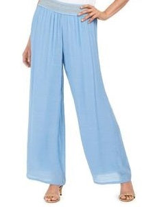 Calça feminina de gaze com detalhe metálico e perna larga, azul, tamanho 2XL