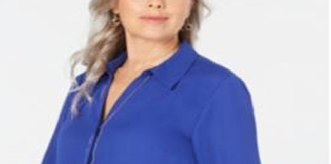 Camisa utilitária feminina JM Collection com detalhes em azul, tamanho pequeno GG