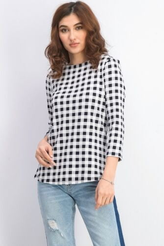 Charter Club Blusa feminina de algodão com estampa xadrez e gola canoa, cinza, tamanho grande