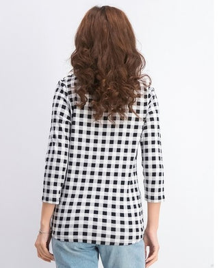 Charter Club Blusa feminina de algodão com estampa xadrez e gola canoa, cinza, tamanho grande