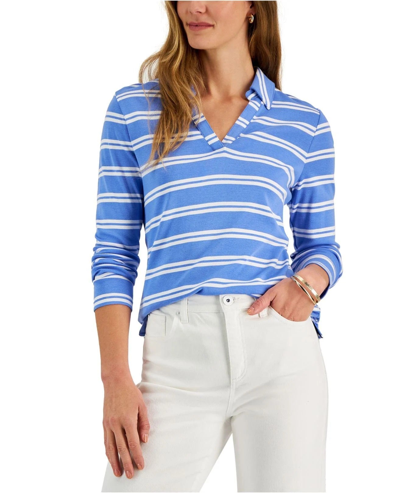 Camisa polo feminina listrada Charter Club, azul, tamanho pequeno