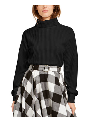 Blusa feminina Bar III de veludo cotelê com manga comprida e gola alta, preta, tamanho extragrande