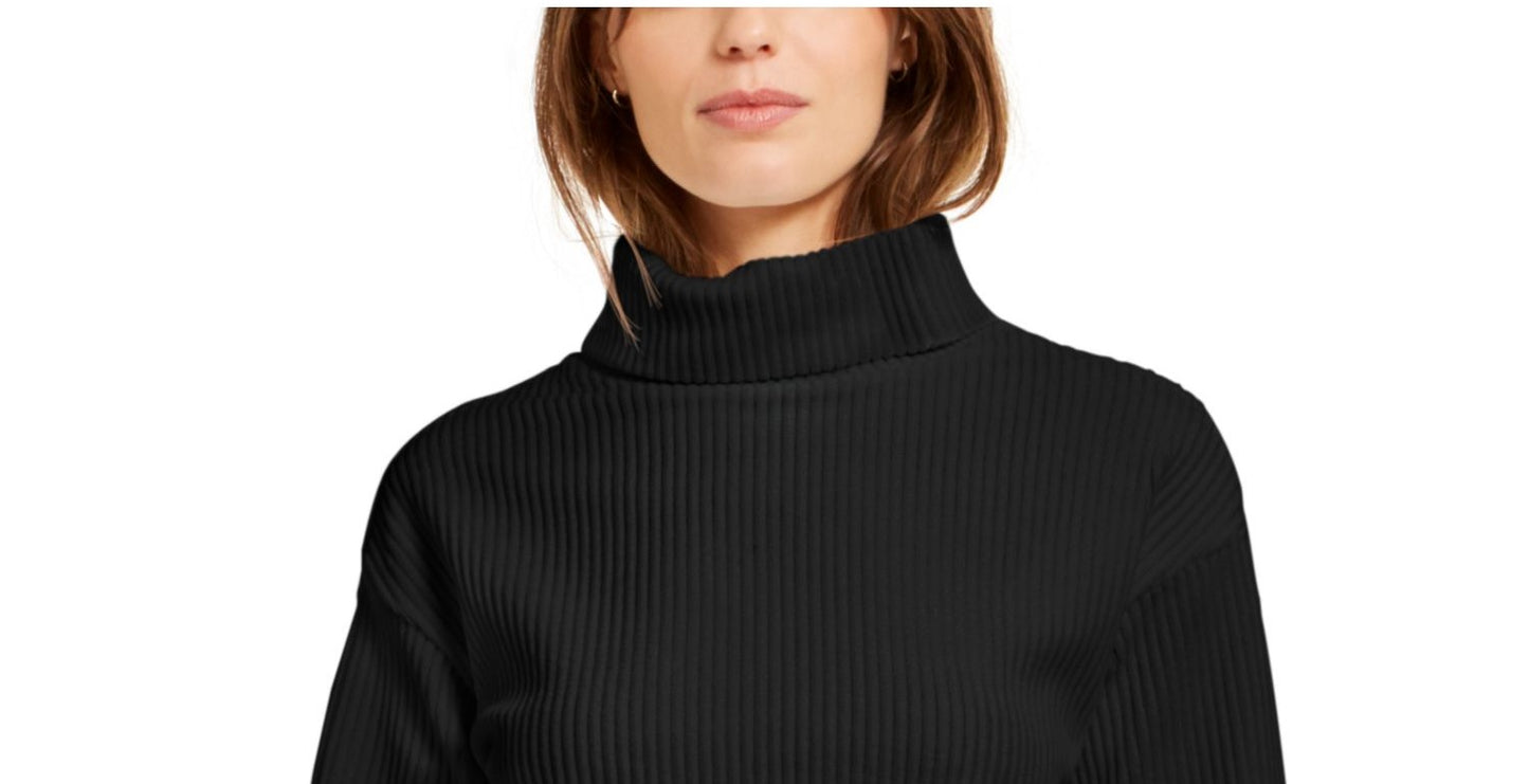 Blusa feminina Bar III de veludo cotelê com manga comprida e gola alta, preta, tamanho extragrande