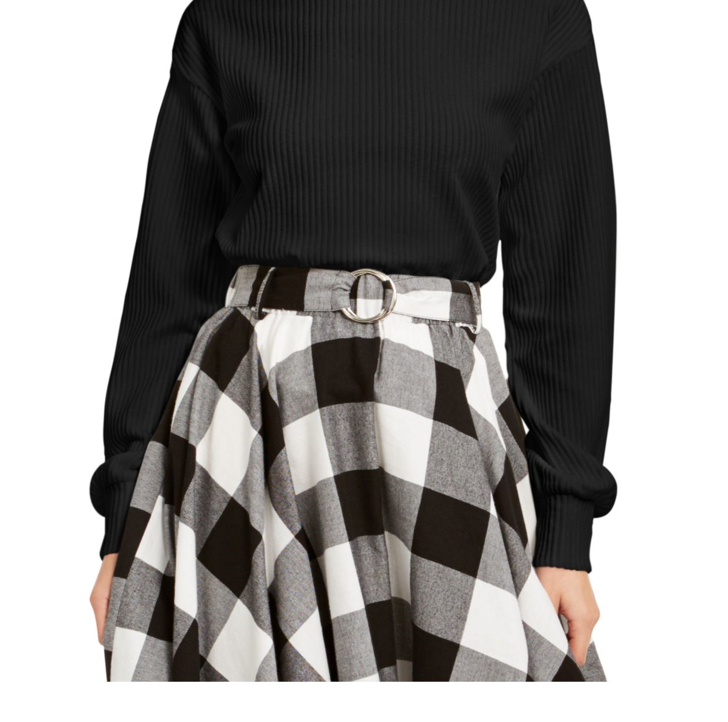 Blusa feminina Bar III de veludo cotelê com manga comprida e gola alta, preta, tamanho extragrande