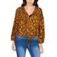 Blusa feminina Thalia Sodi com estampa de cobra e bainha amarrada, dourada, tamanho grande