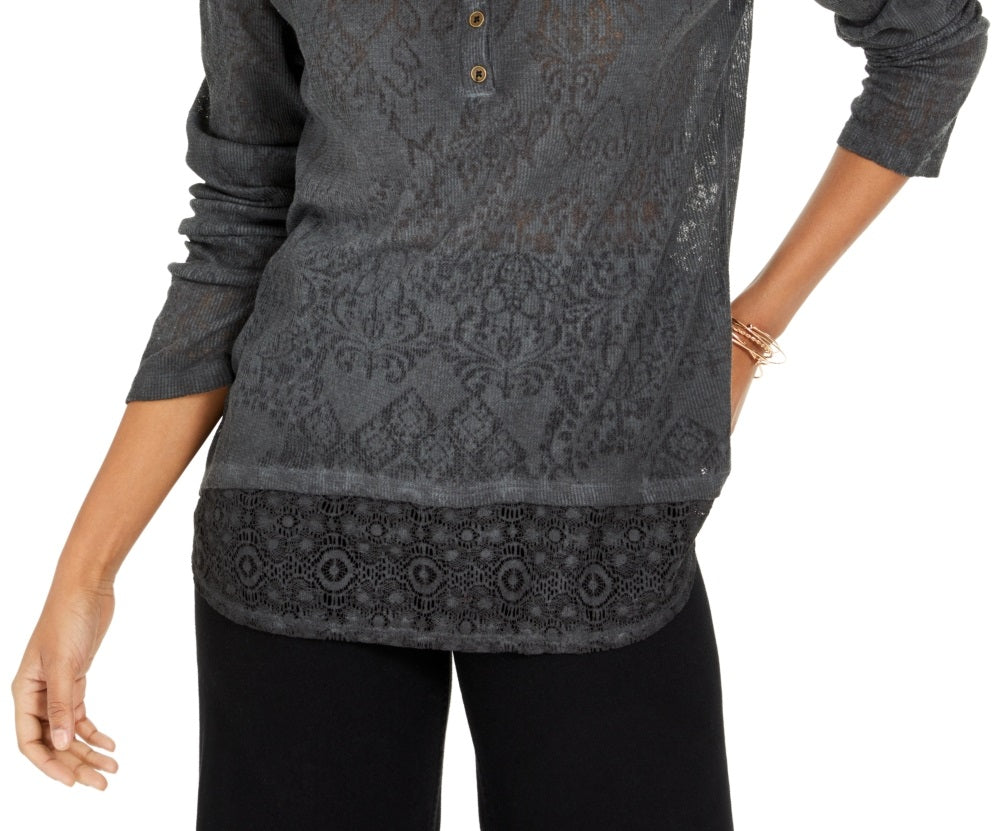 Top Henley de renda feminino Style &amp; Co, preto, tamanho pequeno