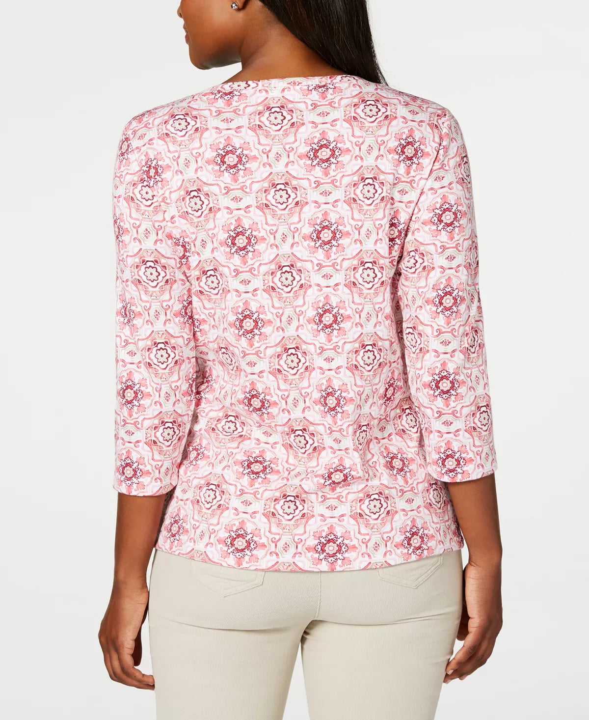 Karen Scott Blusa Henley Feminina Estampada Petite Manga 3/4 Rosa Tamanho PL