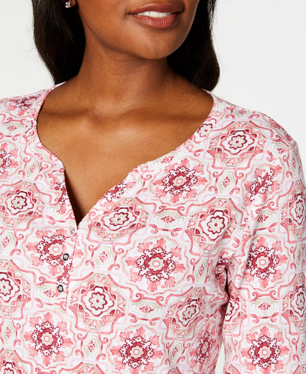 Karen Scott Blusa Henley Feminina Estampada Petite Manga 3/4 Rosa Tamanho PL