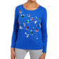 Karen Scott Top Feminino Petite de Algodão com Enfeites Azul Tamanho Petit