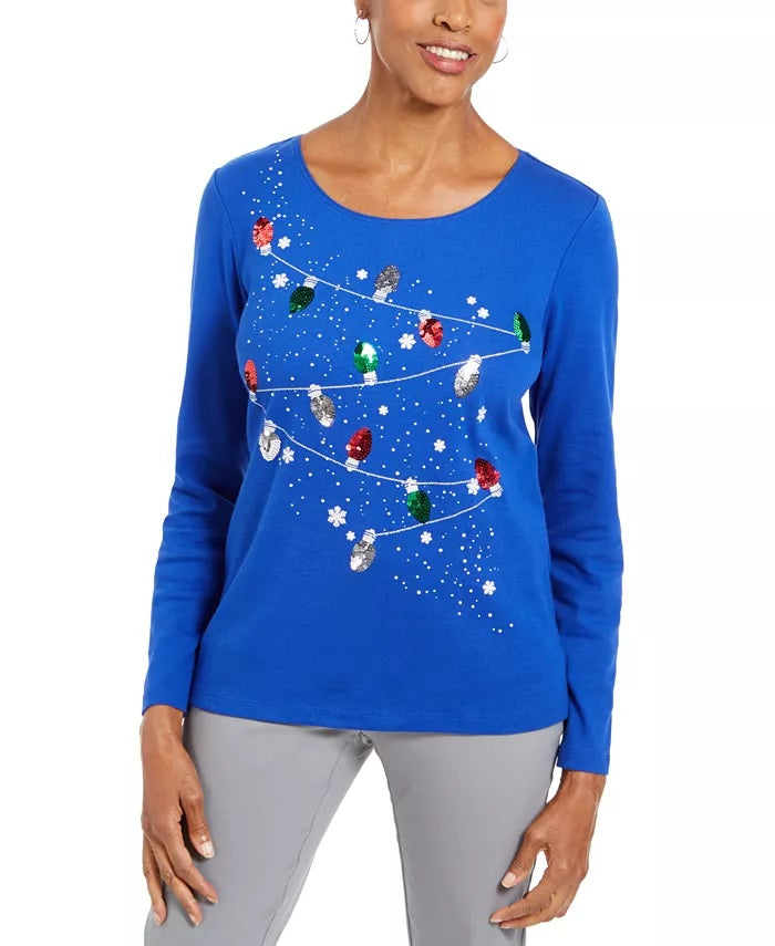 Karen Scott Top Feminino Petite de Algodão com Enfeites Azul Tamanho Petit