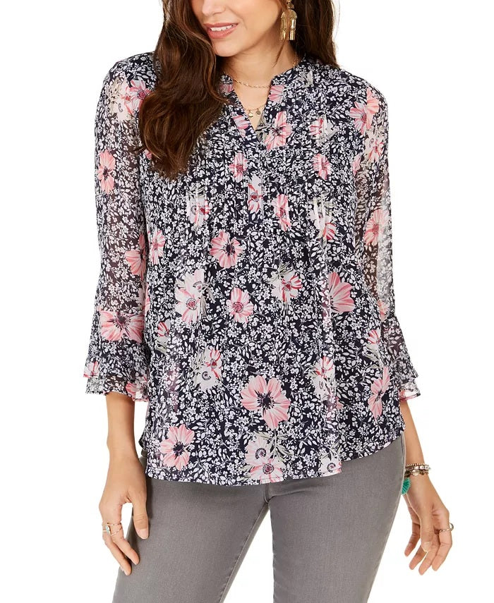 Blusa feminina estampada com decote aberto Charter Club, azul, tamanho X-S