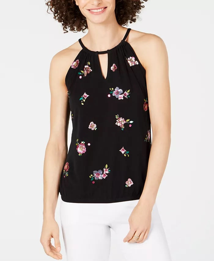 INC International Concepts Top curto feminino com bainha bolha e detalhes em renda, preto, tamanho 44