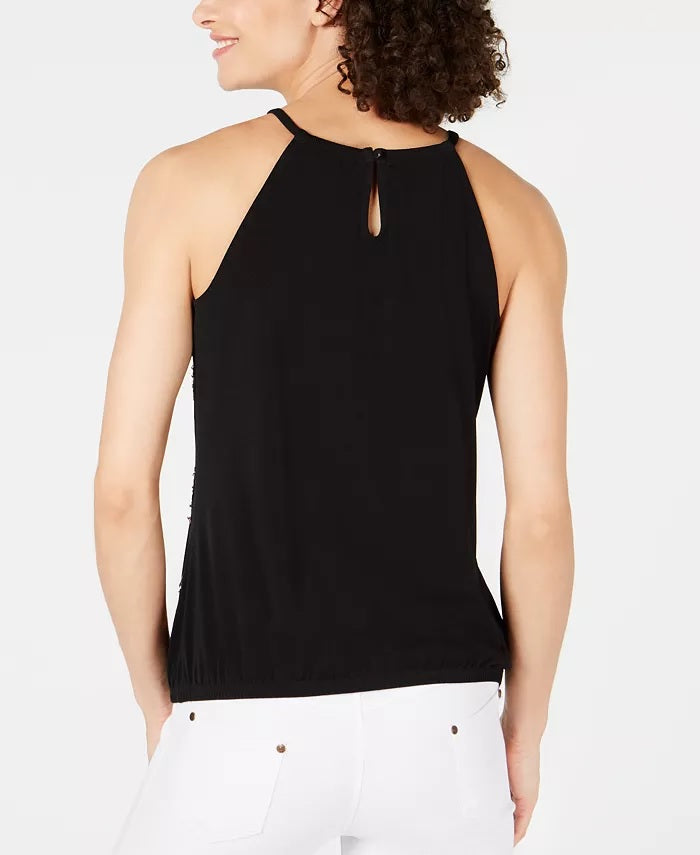 INC International Concepts Top curto feminino com bainha bolha e detalhes em renda, preto, tamanho 44
