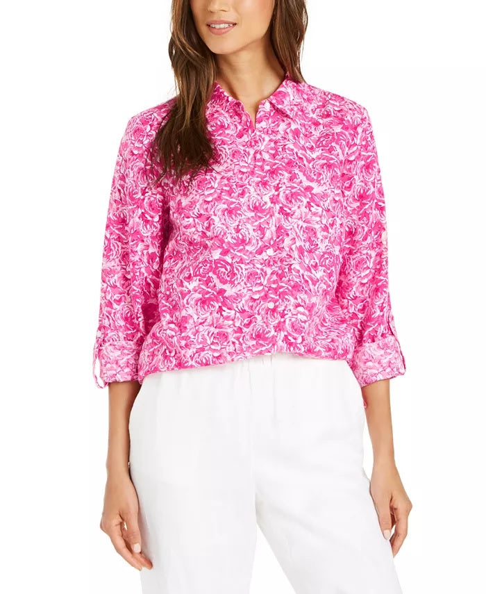 Blusa estampada de linho feminina Charter Club, rosa, tamanho pequeno