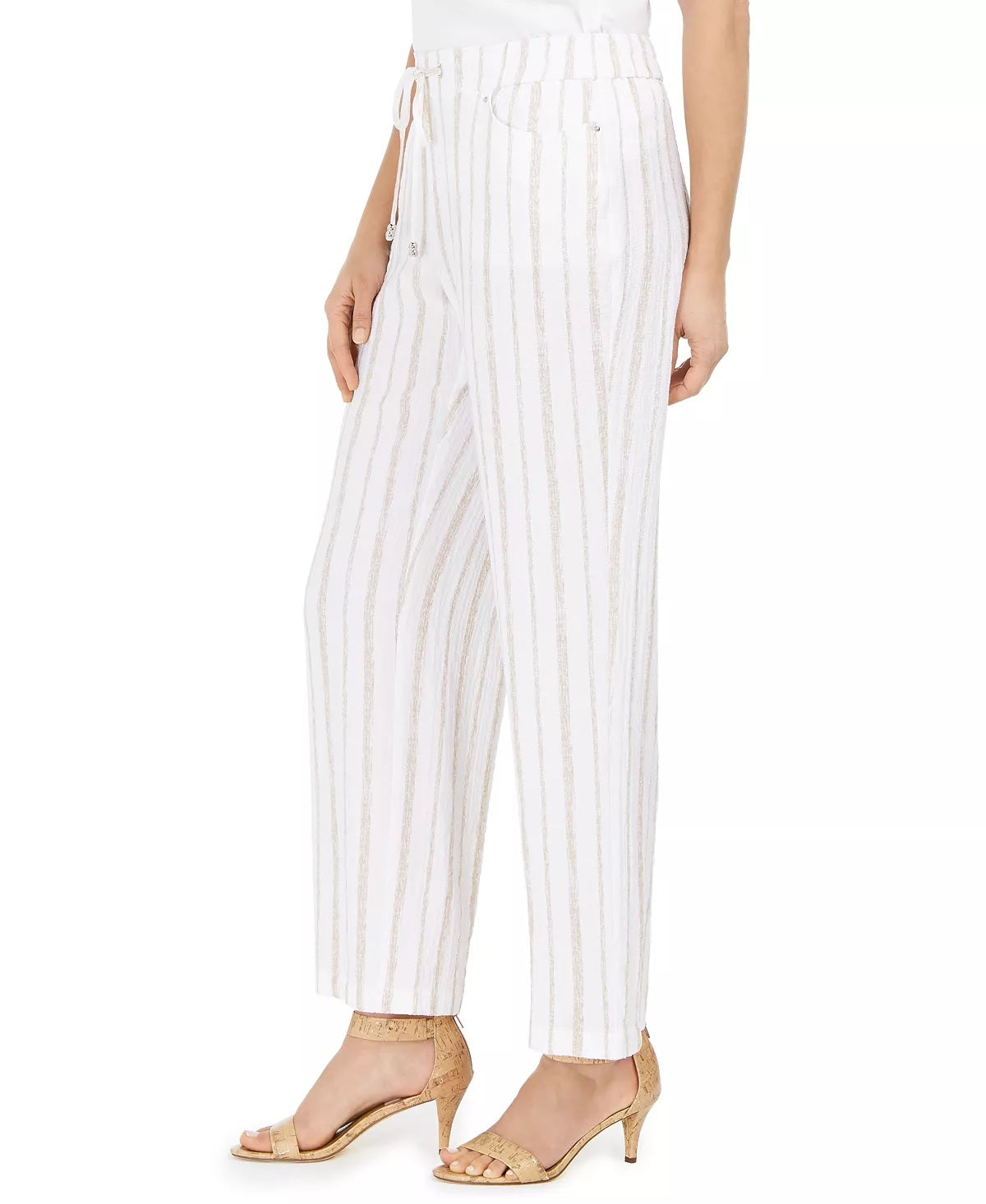 Calça feminina listrada JM Collection, branca, tamanho X-G