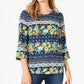 Charter Club Top feminino estampado, tamanho pequeno, azul, manga 3/4