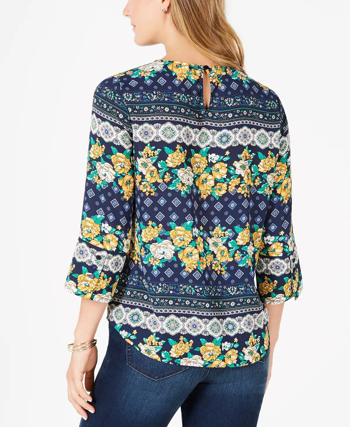 Charter Club Top feminino estampado, tamanho pequeno, azul, manga 3/4