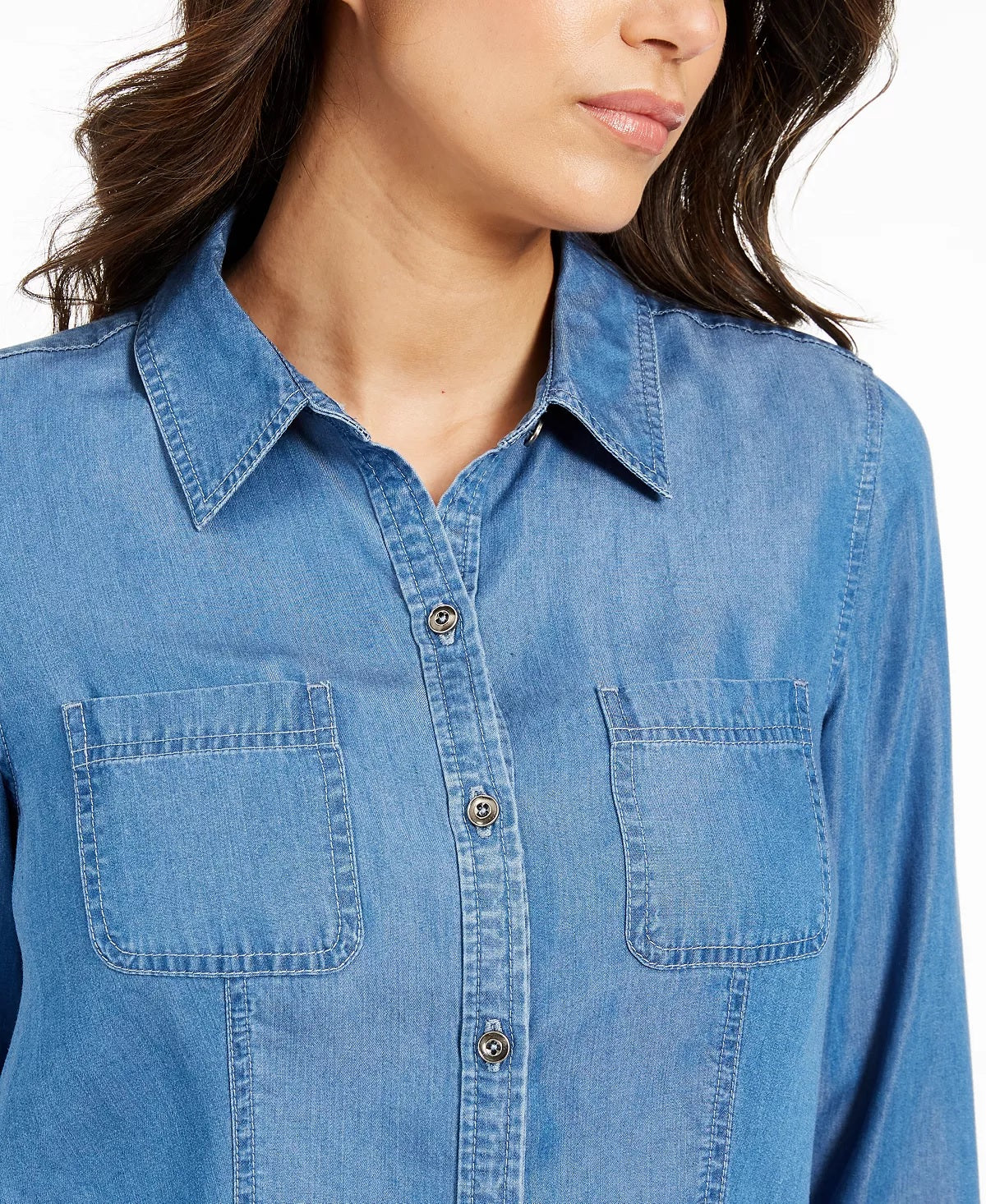 Camisa feminina Charter Club Petite Chambray Azul Tamanho 44