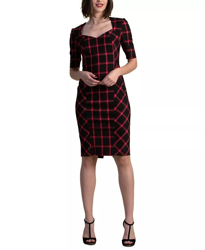 Vestido casual feminino Trina Turk xadrez com decote redondo, preto, tamanho 4