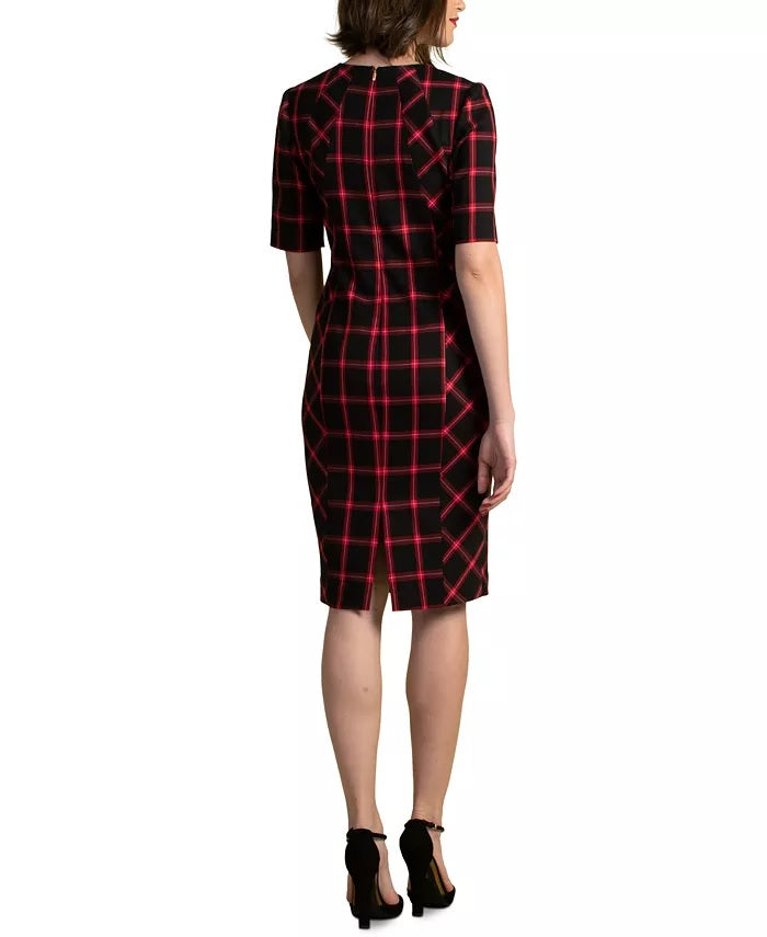 Vestido casual feminino Trina Turk xadrez com decote redondo, preto, tamanho 4