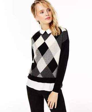 Suéter feminino Charter Club Argyle Cashmere com aparência em camadas, tamanhos regular e pequeno, preto, tamanho pequeno