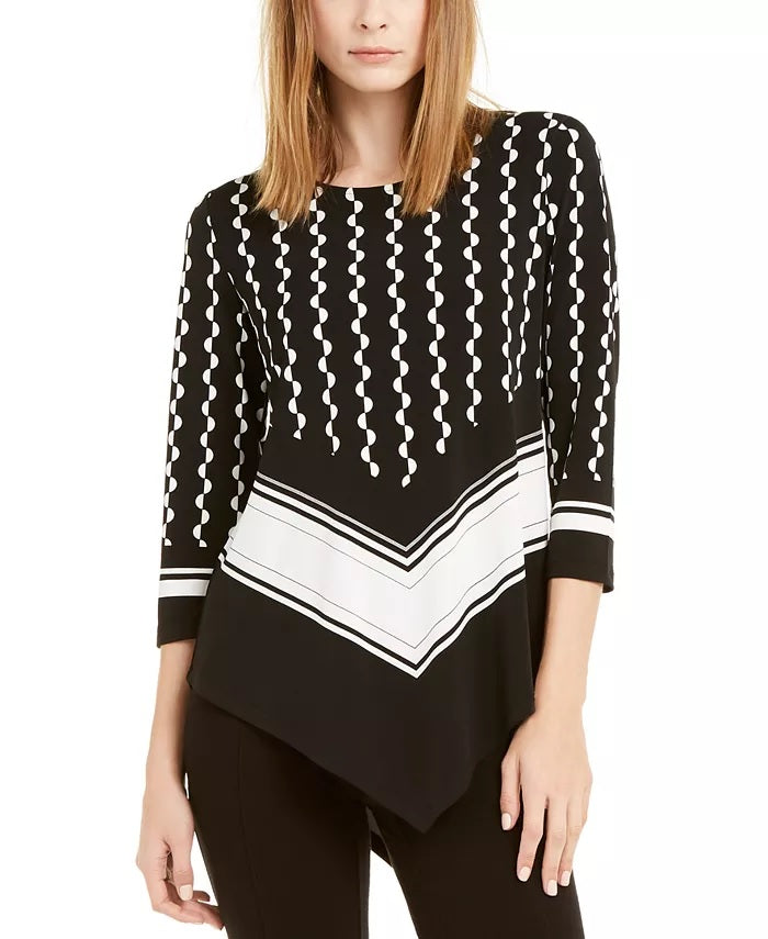 Blusa Alfani Feminina Petite Estampada Colorblocked com Bainha Pontuda, Preta, Tamanho PXL