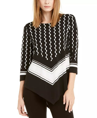 Blusa Alfani Feminina Petite Estampada Colorblocked com Bainha Pontuda, Preta, Tamanho PXL