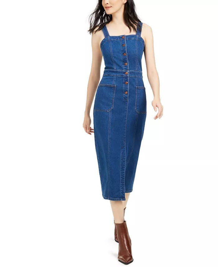 Vestido jeans feminino OAT com botões e ajuste justo, azul, tamanho 8