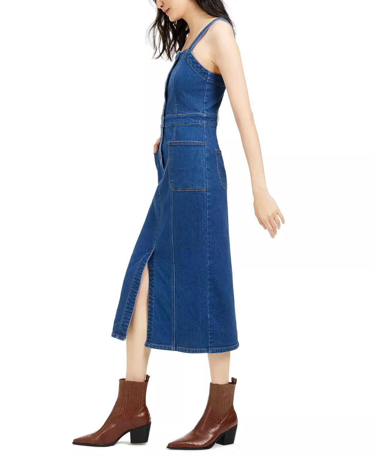 Vestido jeans feminino OAT com botões e ajuste justo, azul, tamanho 8
