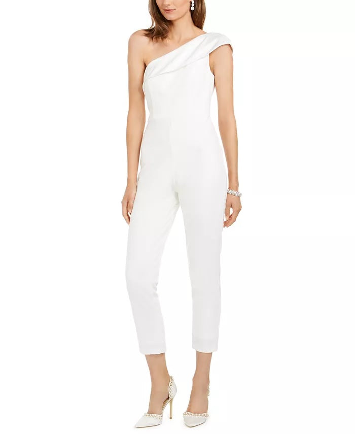 Macacão feminino Adrianna Papell de um ombro só, branco, tamanho 12