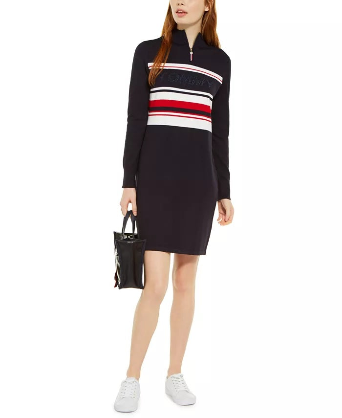 Vestido suéter feminino Tommy Hilfiger com zíper de um quarto, azul, tamanho X-S