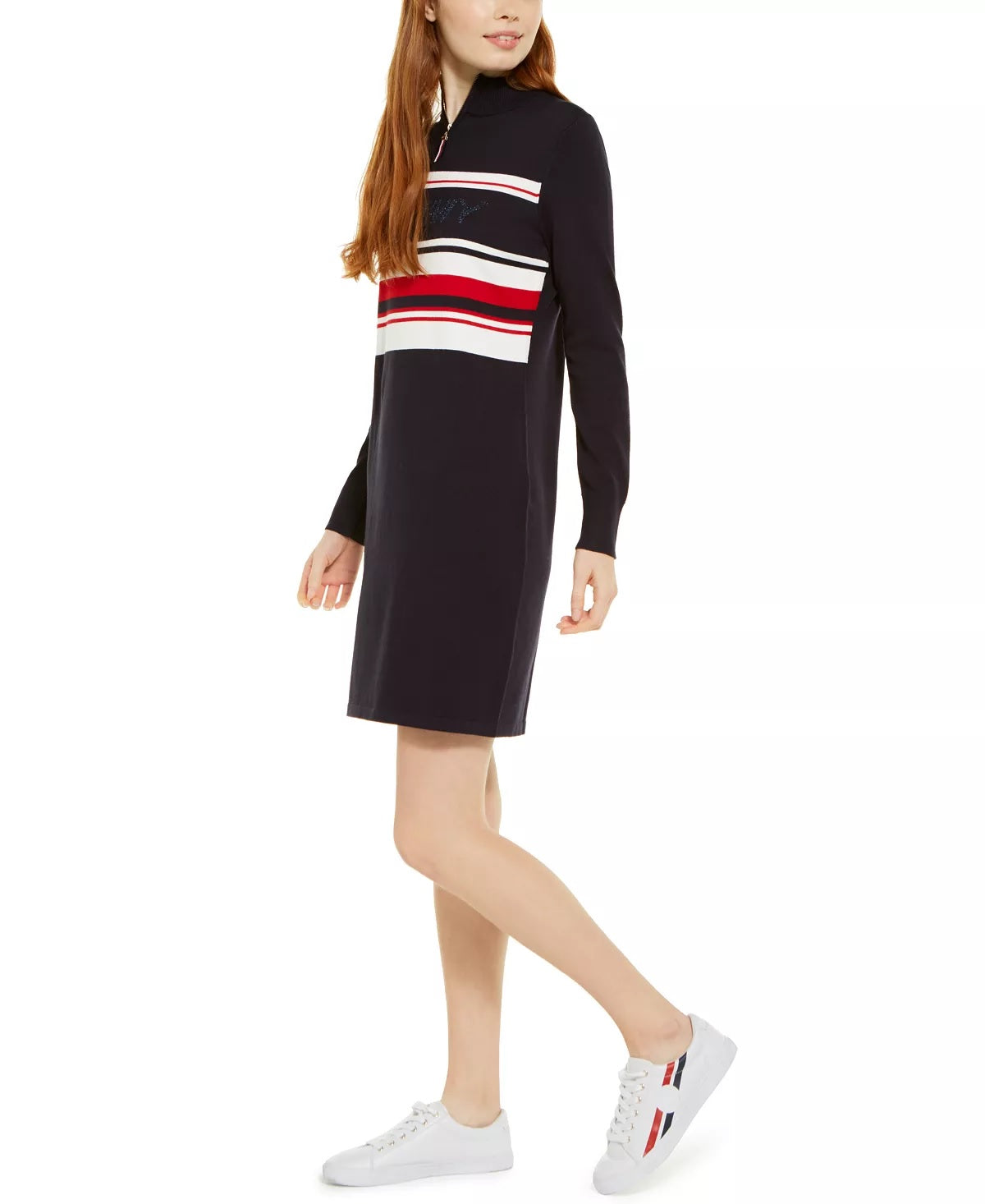 Vestido suéter feminino Tommy Hilfiger com zíper de um quarto, azul, tamanho X-S