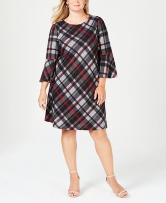 Vestido feminino plus size Jessica Howard xadrez com manga sino, cor carvão, tamanho 2X