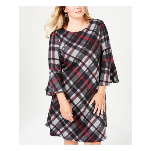 Vestido feminino plus size Jessica Howard xadrez com manga sino, cor carvão, tamanho 2X