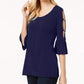 JM Collection Blusa feminina com recorte e babados, azul, tamanho pequeno