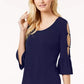 JM Collection Blusa feminina com recorte e babados, azul, tamanho pequeno